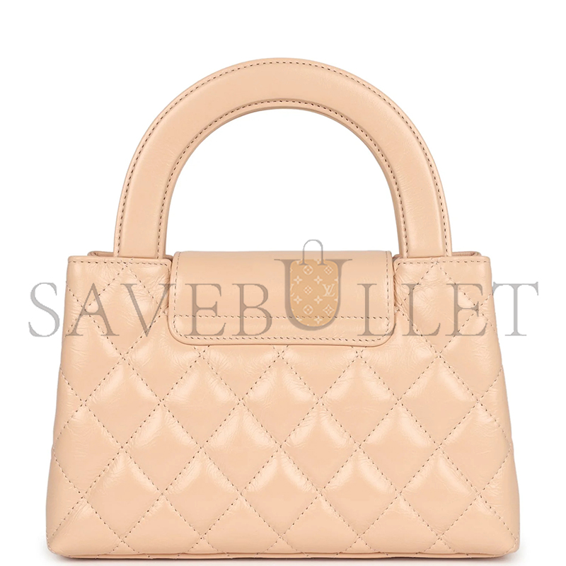 Ch*el master kelly shopper beige shiny calfskin brushed gold hardware as4416 (19*13*7cm)